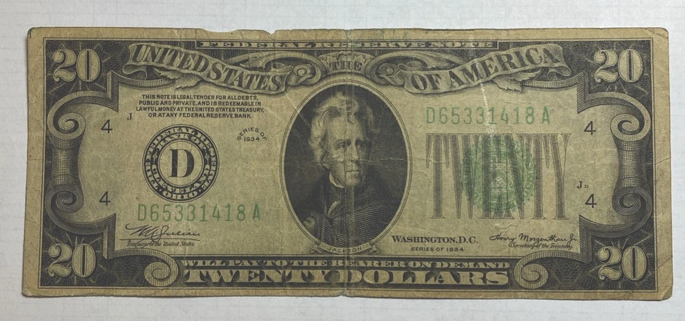 1934 D $20 Twenty Dollar Bill Federal Reserve Note Bank Cleveland Ohio  - Image 1 of 2