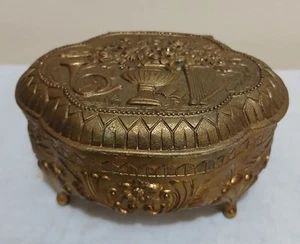 Vintage Japan verzierte goldfarbene Schatulle Schmuck Schmuckschatulle Klappdeckel  - Bild 1 von 12