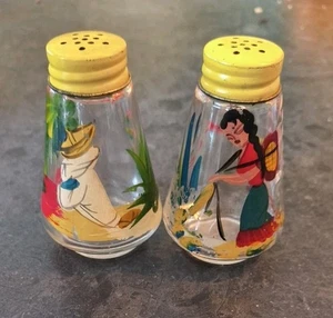 Salero y pimentero vintage de vidrio pintado a mano México excelente estado - Imagen 1 de 3