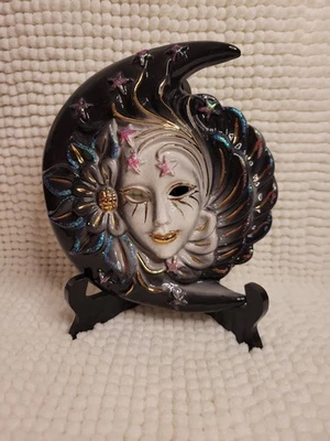 Vintage Ceramic Italian Venetian Mask Wall Hanging Black Blue Gold Pink - Image 1 of 4