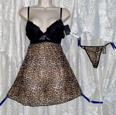 De Colección NUEVO CON ETIQUETAS L Sujetador Negro Top Transparente LEOPARDO Frederick's Babydoll NOCHE con Conjunto de BRAGAS Foto 1 de 4