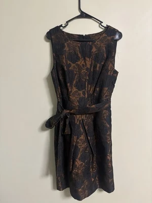 Talbots Dress Black Brown Floral Sheath A Line Brocade Metallic 14 Petite Pocket - Image 1 of 4