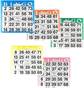Tarjetas de juego de papel de bingo - 1 tarjeta - 5 versiones originales, azul, verde, naranja, rosa  - Imagen 1 de 1