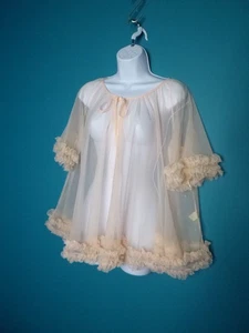 Chaqueta de Cama De Colección Años 50 60 Melocotón Pálido Nylon Transparente Gasa Volantes Talla M - Imagen 1 de 11