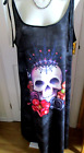 Black Maxi Dress Skull & Flower Print Goth Dress Tie straps approx 18/20