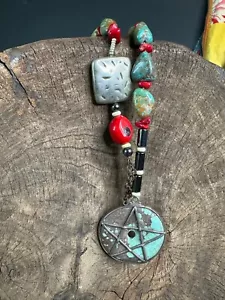 Old Tibetan Charm in Local Turquoise, Red Coral & Local Silver - Picture 1 of 16