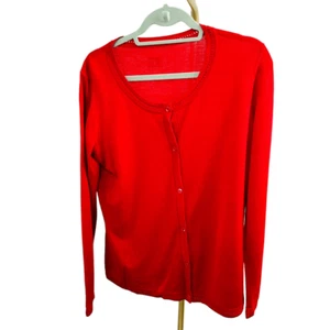 Escada Red Round Neck Button Up Cardigan Silk & Wool Long Sleeve Sweater Size Me - Picture 1 of 11