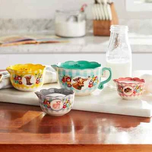 Pioneer Woman Measuring Cups Sweet Romance Blossoms 4Pc Ceramic Bowl Set Gingham - Picture 1 of 5