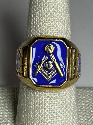 Blue Enamel Freemason Symbol Ring Stainless Steel Vintage Biker Masonic Ring - Image 1 of 4