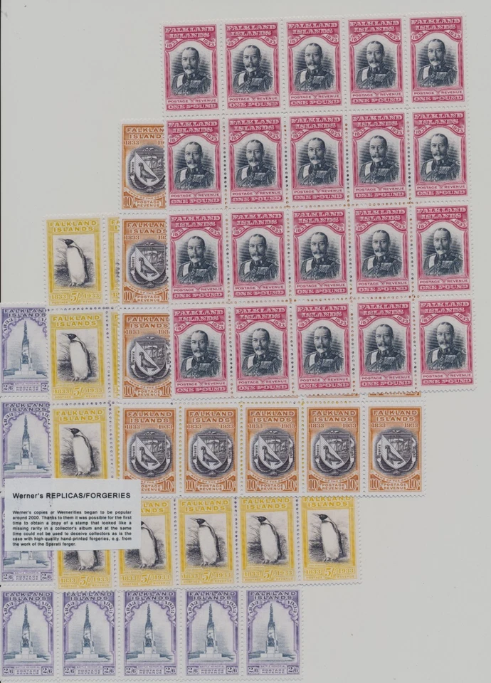 FALSIFICACIÓN - Juego de hojas centenario de Werner's FALSIFICACIÓN/RÉPLICA de las Islas Malvinas 1933 Foto 1 de 1