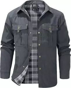 Mens Flannel Lined Lightwight Casual Snaps Plaid Shacket Shirt Jacket with Pocke - Picture 1 of 12