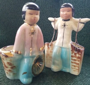 Vtg Asian Couple Planters * Carrying Baskets * Yoke * Hand Painted - Picture 1 of 10