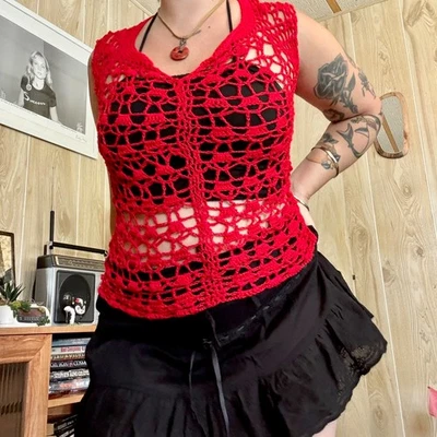 Top de ganchillo elástico rojo pequeño vintage para mujer años 90 2000 00 Foto 1 de 4