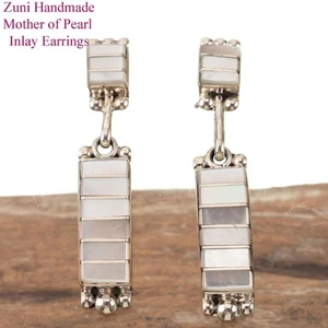 PENDIENTES ZUNI INCRUSTACIONES Madreperla Boda Hechos a Mano Plata de Ley Estilo Antiguo - Imagen 1 de 6