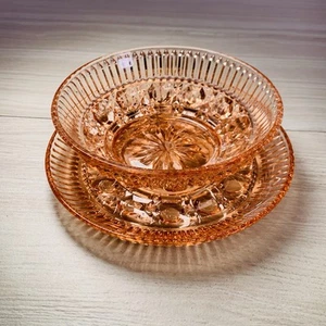 Vintage Indiana Glass Peach Windsor Button & Cane Plate + Bowl 1940’s Great Cond - Picture 1 of 11