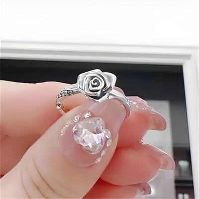 New Authentic 925 Sterling Silver ale Silver CZ Pave Rose in Bloom Ring - Image 1 of 4
