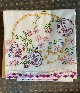 VTG PAIR GORGEOUS PILLOWCASES HAND EMBROIDERED EASTER BASKET PINK & PURPLE FLWRS - Picture 1 of 5
