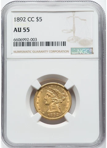 1892 CC  $5 Liberty Gold Half Eagle * NGC AU55 * Low Mintage Key Date * Cover