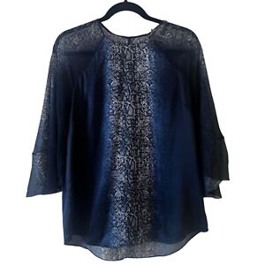 Elie Tahari Silk Navy Blue Blouse Abstract Kaftan 3/4 Sheer Sleeves Sz M