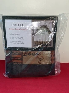 NEW COFFEE THEMED PRINTED TIER PAIR AND SWAG SET BEIGE W’ BROWN KITCHEN WINDOW - Picture 1 of 8