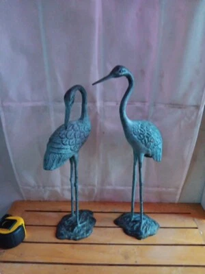 Pair of Oxidized Brass Love Cranes Garden Statues In Door Or Outdoor - Image 1 of 4