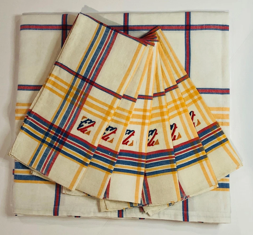 Vintage EL Mono Striped Linen Tablecloth 60x60 with Set of 6 Napkins 22x23 A55 - Image 1 of 2