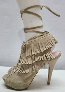 Colin Stuart Size 8 Tan Platforms Gladiator Laces Fringed 5" Stiletto Heels - Picture 1 of 8