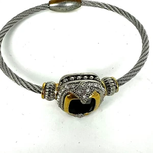 Bracelet Twisted Cable Two Tone Bangle with Black and Tiny Clear Rhinestones VTG - Picture 1 of 9