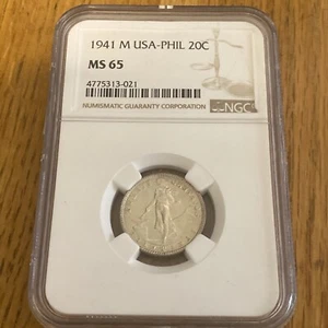 1941 M 20C USPI US Philippines NGC Twenty Centavo MS 65 Rare Commonwealth Silver - Picture 1 of 6