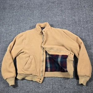 VINTAGE Woolrich Jacket Mens Large Tan Fleece Plaid Lined Bomber Made USA 90s - Picture 1 of 13