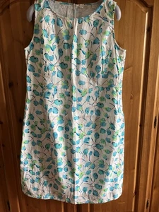 Adini L Sleeveless Summer Dress Cotton White Turquoise Floral Lined - Picture 1 of 5