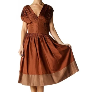 BCBGmaxazria Silk Dress Womens 6 Brown Pleated Sash Fit Flare Midi Greek Goddess - Picture 1 of 15