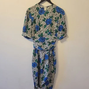 Vintage Windsmoor Midi Tea Dress Size 12 Blue White Green Floral Work Retro 80s - Picture 1 of 7