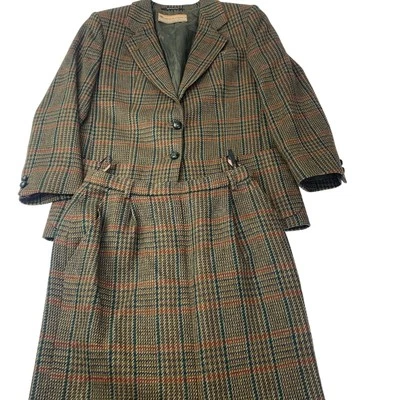 DAKS Skirt Suit Set Plaid Vintage Wool Blazer Brown Womens UK 10 - Image 1 of 4