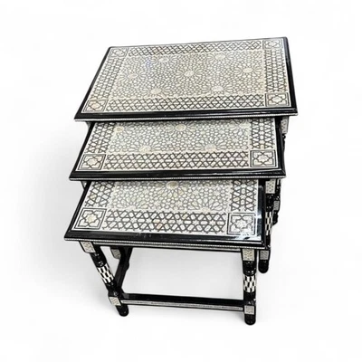 Mother of Pearl Wooden Nesting 3 Table Set - Hand-Crafted Moroccan Home Decor - Image 1 of 4