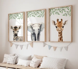 Safari Tier Kinderzimmer Drucke, botanische Blätter, Dschungel Motiv, Junge Mädchen Wandkunst - Bild 1 von 10