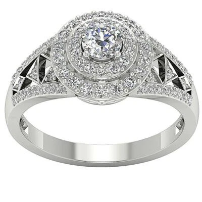 Double Halo Solitaire Anniversary Ring 1 Ct SI1 G Round Diamond 14K Solid Gold - Image 1 of 4