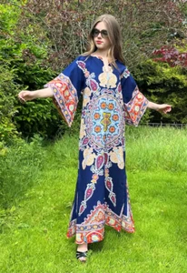 Vintage 70's Blue White Cotton Batik Kimono Fluted Sleeve Maxi Kaftan Dress Boho - Picture 1 of 7