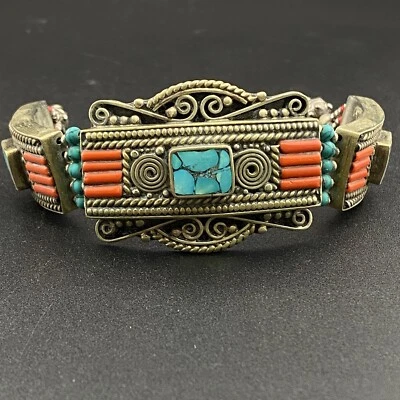 Bonita pulsera única tibetana vintage coral turquesa obras de arte tradicionales Foto 1 de 4