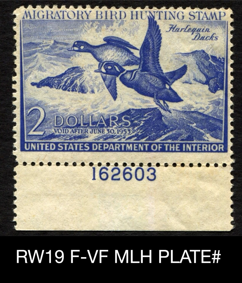 RW19 F-VF MLH 1952 US Federal Migratory Waterfowl Duck Stamp Harlequins - Image 1 of 3