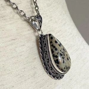 Artisan Silver Plated Bezel Set 2.46" Teardrop Dalmatian Jasper Pendant Necklace - Picture 1 of 12