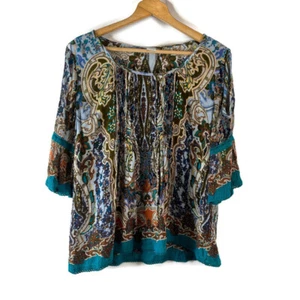 Blusa Top Bila Mujer Talla Grande Verde Marrón Cachemira Boho Hombro Frío Plisada - Imagen 1 de 11