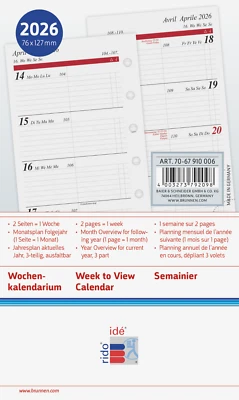 RIDO-IDÉ 2026 rido idé Wochenkalendarium A7 Ersatzkalender 1W 2S Timing3 7067910006