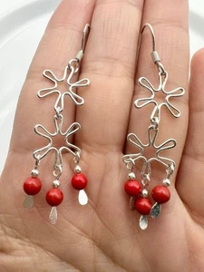 925 sterling silver red bead floral dangle earrings - Picture 1 of 6