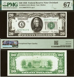 1928 20 $ Federal Reserve Schein PMG 67EPQ - einlösbar in Gold on Demand Fr 2050-D - Bild 1 von 3