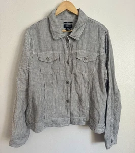 Jones New York Jacket XL Black Stripe 100% Linen Long Sleeve Light NEW Coastal - Picture 1 of 12
