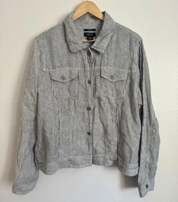 Jones New York Jacket XL Black Stripe 100% Linen Long Sleeve Light NEW Coastal - Image 1 of 4