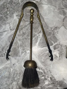 Vintage Messing Feuer Kamin Begleiter Set Bürste 35 cm & Zange - Bild 1 von 3