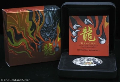 2019 $5 Tuvalu Perth Mint 5 oz Silver Antiqued Colored Dragon in OGP - Image 1 of 4