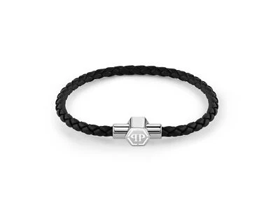 Philipp Plein Uomo Bracciale IN Pelle Acciaio Inox Argento Enigma L PJOEA04BL - Immagine 1 di 4